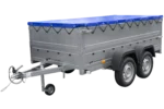 Remorque double essieux Garden Trailer 264/2 KIPP avec roue jockey, rehausses de ridelles et bâche plate bleue