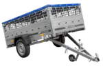 Remorque sans frein 230×125 avec bâche plate bleue, ridelles grillagées et roue jockey – Garden Trailer 230 KIPP