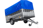 Remorque basculante UNITRAILER GARDEN 265 (264×150 cm) avec ridelles grillagées, arceau H-800 et bâche de protection bleue