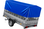 Remorque basculante UNITRAILER GARDEN 265 (264×150 cm) avec ridelles grillagées, arceau H-800 et bâche de protection bleue – Image 3