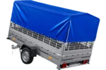 Remorque voiture 264×150 UNITRAILER GARDEN 265 KIPP avec ridelles grillagées, arceau H-800 et bâche bleue – Image 3