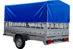 Remorque basculante UNITRAILER GARDEN 265 (264×150 cm) avec ridelles grillagées, arceau H-800 et bâche de protection bleue – Image 4