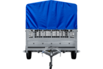 Remorque basculante UNITRAILER GARDEN 265 (264×150 cm) avec ridelles grillagées, arceau H-800 et bâche de protection bleue – Image 6